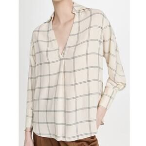 Vince Windowpane Plaid Blouse Ecovero Wool Blend V-Neck Beige Black Small